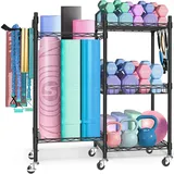 Swaitee Hantelständer, Multifunktionaler Hantelscheibenständer mit Haken und Rädern, 3 Tiers Yogamatten-Aufbewahrungsregal für Hanteln Kettlebells Foam Roller, Yoga Strap und Resistance Bands