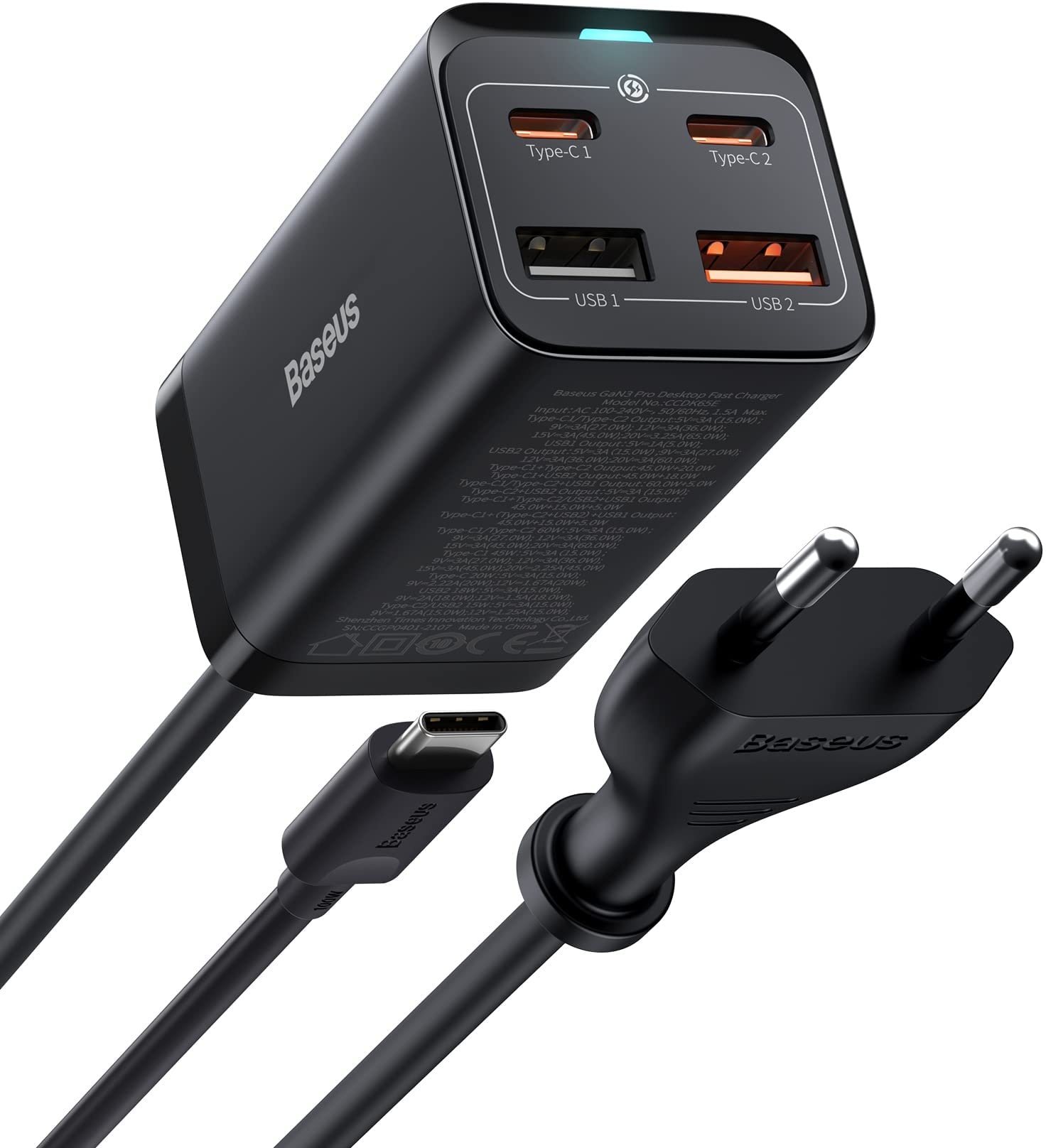 Baseus USB C Ladegerät, 65W USB C Netzteil 4 Ports GaN Charger mit 1.5m AC Kabel und 100W USB C Kabel für MacBook, iPhone 15 Serie, iPad, Samsung