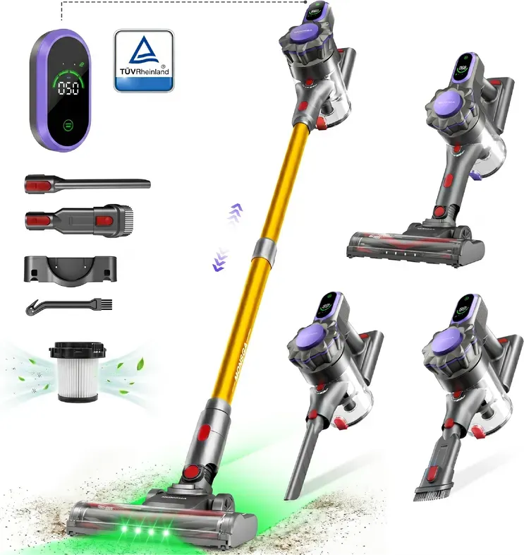 [Limitierte Angebote - 69,99 € mit kostenlosem Lieferung am nächsten Tag] monsgaClean MV3 kabelloser Stielstaubsauger, Multi-Zyklon, 550 W, 55 kPa, 55 Min. Laufzeit, Leichter Handstaubsauger für Tierhaare & Hartböden, Anti-Tangle, LED-Display