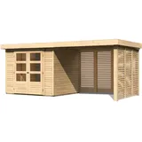 Karibu Gartenhaus Askola 3 mit 275 cm Schleppdach, Seiten- und Rückwand in Lamellenoptik – 19 mm-242 x 217 cm-naturbelassen - 50% Rabatt auf Dacheindeckung