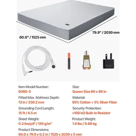 Vevor Erdungsbettlaken, Queen-Size, 95 % Baumwolle 5 reine Silberfaser, Erdungsmatte, mit Erdungskabel & Tester, für verbesserten Schlaf – Wohlbefinden (Grau, Queen – 1525x2030x5 mm)