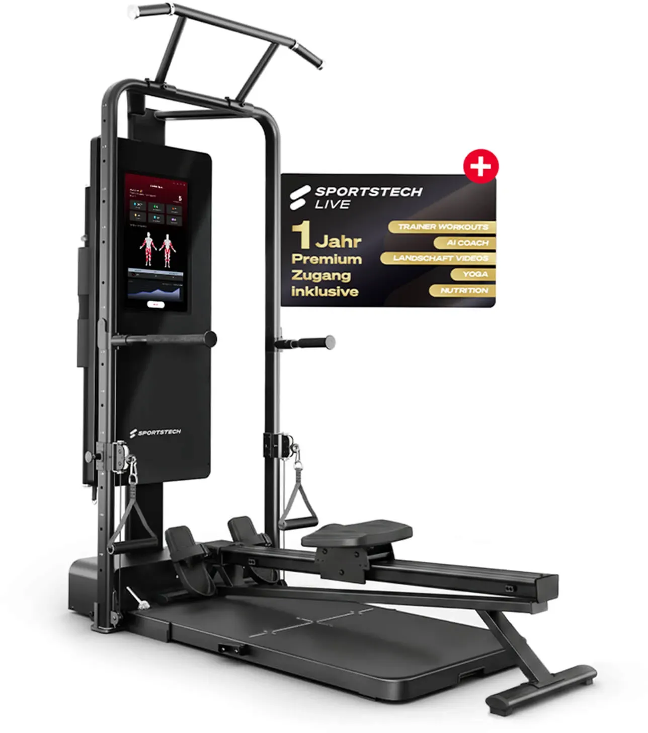 Sportstech Home Gym sGym Pro,  160x90x220cm, 21′′ Touch-Display mit STL App, Trainingsplänen, Workouts und Tracking, Gewichte bis 120 kg, Klimmzug, Dipbar, Kabelzug, 400+ Übungen, Ganzkörpertraining