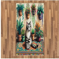Teppich Flachgewebe Deko-Teppiche für das Wohn-,Schlaf-, und Essenszimmer, Abakuhaus, rechteckig, Katze Gemäldeartiges Kätzchen mit Pflanzen grau|grün|orange 80 cm x 150 cm