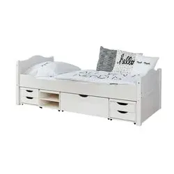 TiCAA Einzelbett Leni 100 x 200 cm Kiefer weiß mit 4 Funktionsschubladen, 100x200 cm