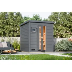Saunahaus KARIBU "Talo 2", grau (terragrau), Bio-Ofen, externe Steuerung, (ohne Ofen), Saunen, Bio Ofen 9 kW, externe Steuerung, mit Energiespartür