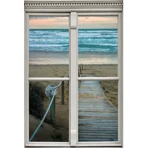 Queence Wandsticker Pfad zum Meer, Wandsticker, Wandbild, selbstklebend, 3D, Fenster beige