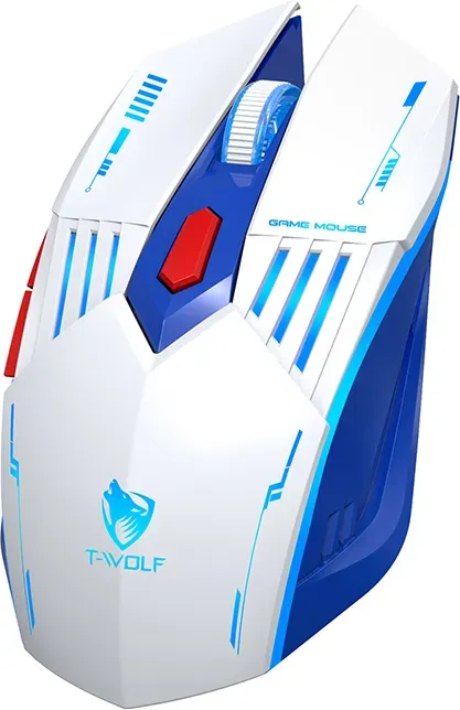 Rexsun Tri-Mode Gaming-Maus – 6D-Tasten, 2,4 GHz + Bluetooth + Kabelgebunden, Einstellbare DPI 800–3600, USB-C-Ladeanschluss, RGB-Atembeleuchtung, 300-mAh-Akku, Weiß & Blau, X7