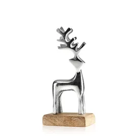 COM-FOUR Metall-Rentier auf Holzsockel, dekorative Rentier-Figur aus Metall, Hirsch-Statue als hochwertige Weihnachtsdekoration oder Geschenk für Jäger