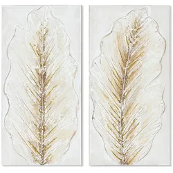 2-teiliges Wandbild-Set Home ESPRIT Pflanzenblatt Romantisch Weiß/Gold, 30 x 60 cm