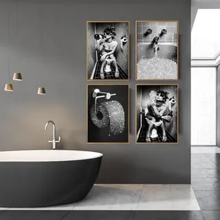 Badezimmer Bilder Schwarz Weiß Set Vintage Leinwand Poster - 4er Set