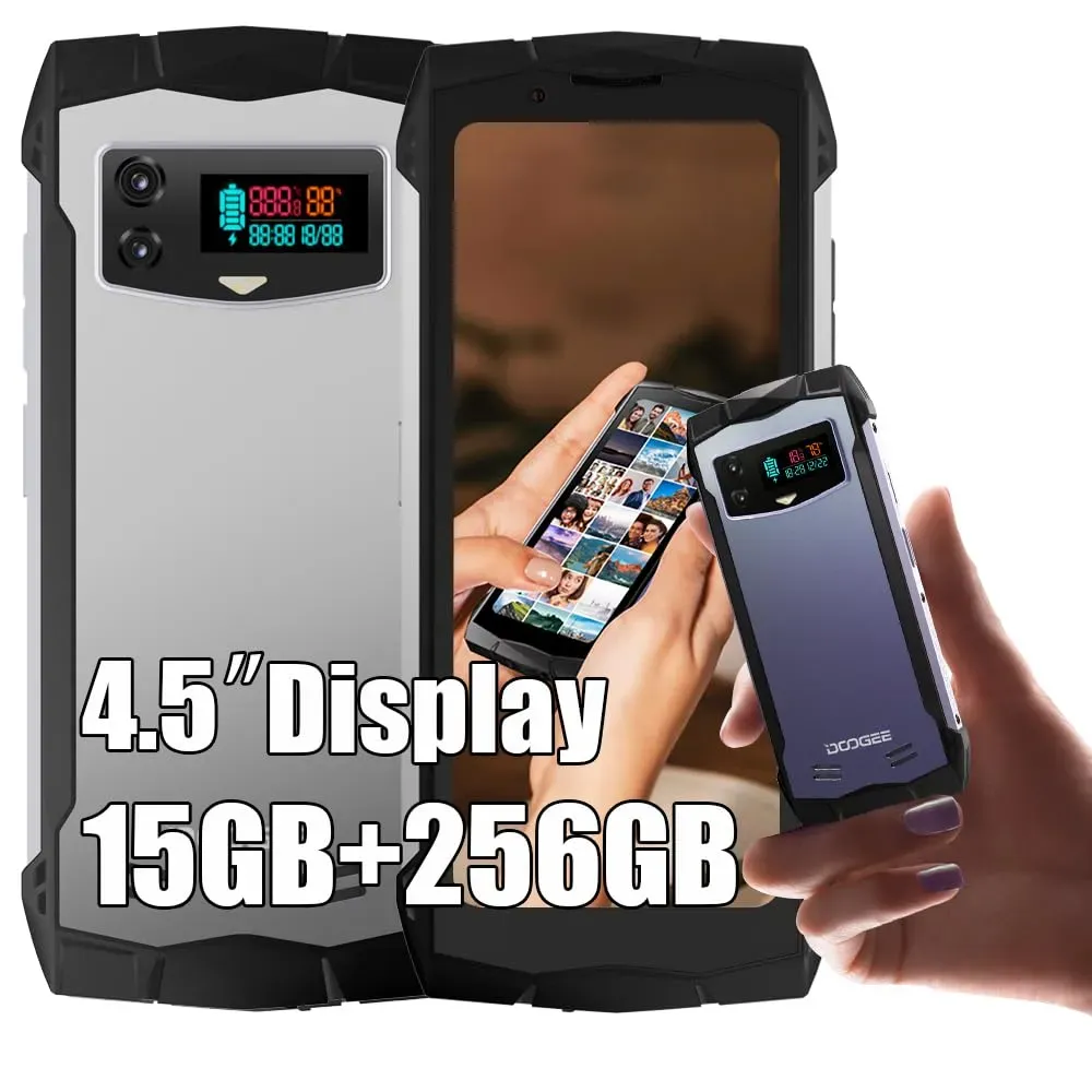 DOOGEE Smini 4G Outdoor Smartphone Ohne Vertrag, Helio G99 Octa Core 15GB + 256GB, 4.5 Zoll, 3000mAh Akku / 18W, 50MP Kamera + 8MP, Android 13, NFC Simlockfreie Handys Gesicht Fingerabdruck ID Silber