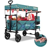 Sekey Bollerwagen Faltbar mit Dach 2 Kinder 150KG, Faltbarer Bollerwagen Handwagen Schiebegriff, Kinderwagen Stoßfest PU Räder mit Bremsen 110L, Dach-SS 5050, Dunkelgrün