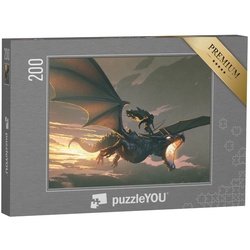 puzzleYOU Puzzle Ritter reitet den Drachen bei Sonnenuntergang, 200 Puzzleteile, puzzleYOU-Kollektionen Drache, Tiere aus Fantasy & Urzeit