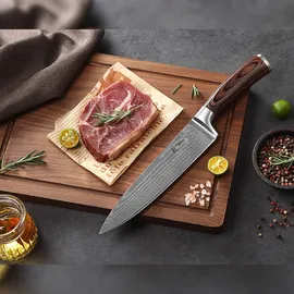 OLEIO Wakoli EDIB Damast Chefmesser 20 cm Klinge – Scharf & ausbalanciert – Damastmesser mit Pakkaholzgriff in Geschenkbox – Küchenmesser für Profi- & Hobbyköche