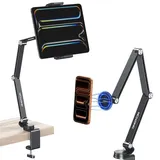 OMOTON Verstellbarer Tablet Ständer, 360° Drehbarer Handyhalter mit Magnetkopf und Tablet-Klemme, Tablet Halterung Tisch, Magnetischer Handy Ständer, kompatibel mit 4-12" iPad & Smartphone, Schwarz