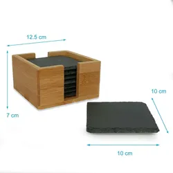 Intirilife 11-teiliges Untersetzer Set aus Schieferstein in Schwarz mit Bambushalterung und Kreidestiften zum Beschriften mit Kreide