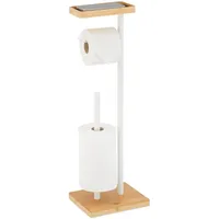 Relaxdays Toilettenpapierhalter, für 3 Ersatzrollen, Ablage, Bambus, Metall, 66,5x21x17