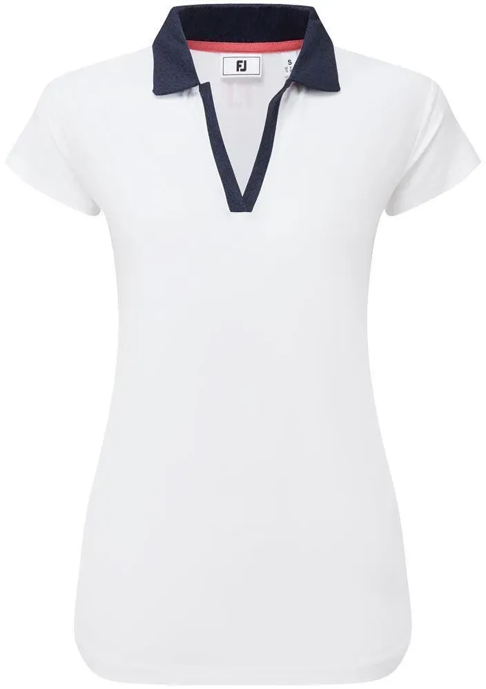 FootJoy Cap Sleeve Print Trim Lisle Damengolfpoloshirt White-Navy - XS