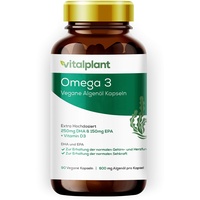 Vitalplant® Omega 3 Vegan | 250mg DHA + 150mg EPA pro Kapsel | 90 Kapseln hochdosierte Omega 3 Fettsäuren aus Algenöl | + Vitamin D3 | Pflanzliche Alternative zu Fischöl Kapseln