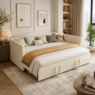 DAHUEN Schlafsofa 90/180x200 cm, 2 Sitzer Sofa mit Schlaffunktion, Bett Ausziehbar zum Doppelbett, Tagesbett Ausziehbar, Ausklappbares Sofa, Ausziehbett, schlafcouch, Samt, Ohne Matratze (Beige)