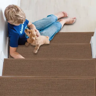 JHLGRE Treppenstufen Matten, 20 cm x 76 cm, 4 Stück, Teppich für Treppenstufen, Treppenteppich Selbstklebend, Antirutsch Treppen Treppenstufen, Innen, Braun