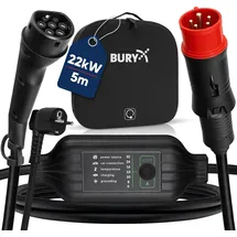 Bury PowerFlash EV Mobile Wallbox mit App, Ladekabel, 22kw Strom-Adapterkabel