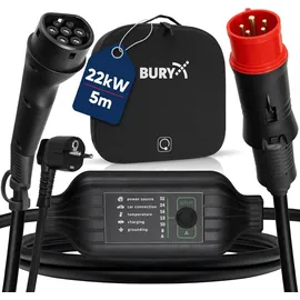 Bury BURY® PowerFlash 9040 EV Ladekabel, Mobiles Ladekabel 22kw mit Typ 2 Adapter, Schuko, Länge ca. 5m, inkl. Tasche, mit optionaler Halterung als Wallbox verwendbar, wasserdicht, staubdicht, überfahrbar
