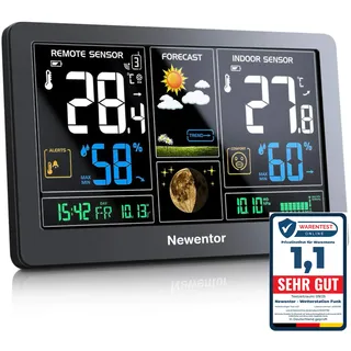 Newentor Wetterstation Funk mit Außensensor - Funkwetterstation mit Wettervorhersage, Temperaturwarnung, DCF Funkuhr - Batteriebetrieb und Netzbetrieb, Schwarz