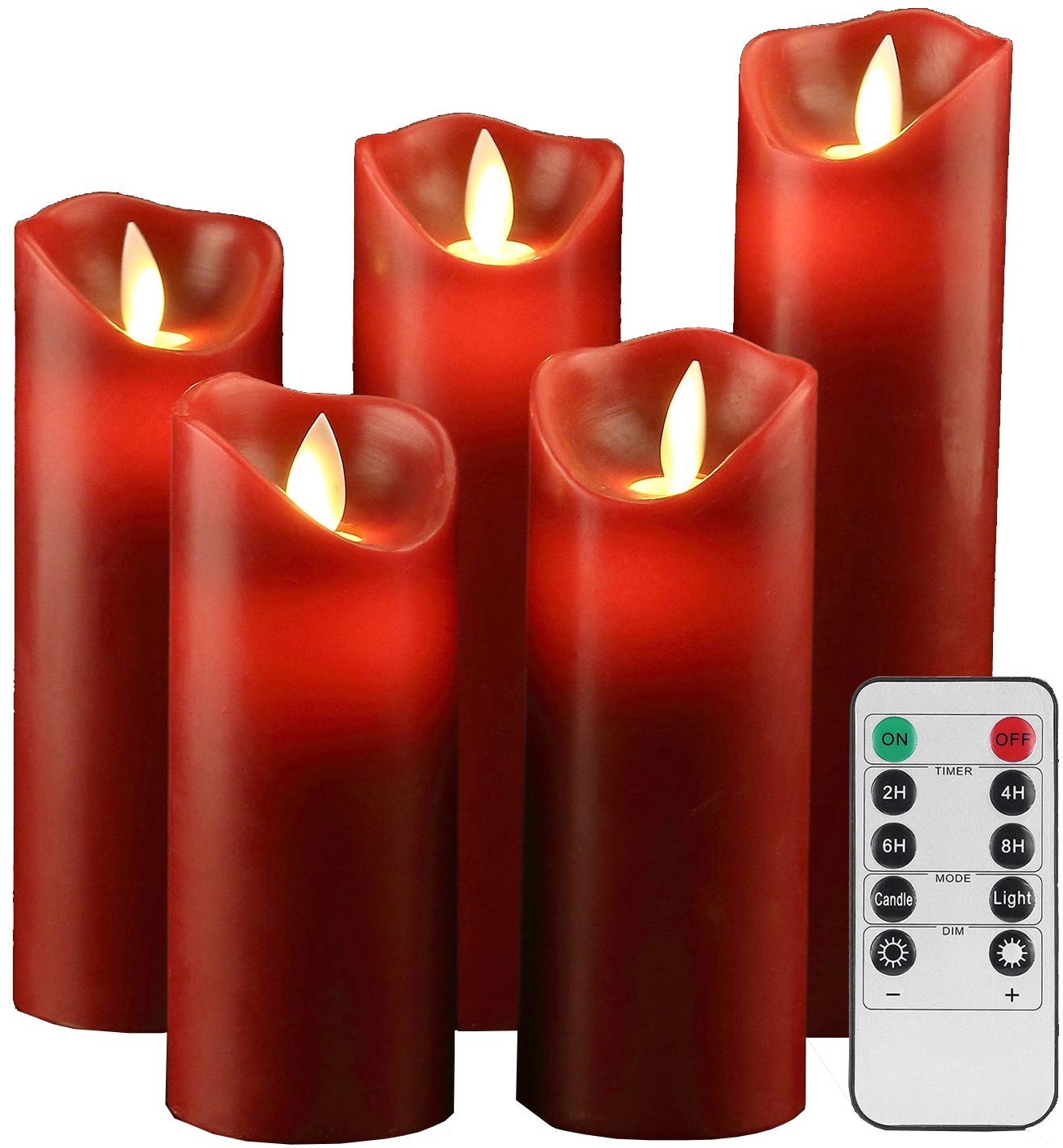 LED Kerzen,Flammenlose Kerzen 12/15/17/20/22CM Set aus 5 Echtwachs mit realistischen tanzenden LED Flammen und 10-Tasten Fernbedienung mit 2/4/6/8-Stunden Timer,300+ Stunden-YIWER (Rot, 5×1)