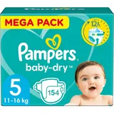 Pampers Baby-Dry Windeln, Größe 5 (11-16 kg), 154 Windeln für Babys, Mega Pack 1 Monat, bis zu 12 Stunden trocken mit der Stop- & Protect-Tasche, jetzt mit mehr Windeln