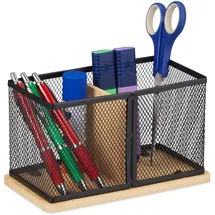 Relaxdays Stiftehalter Bambus & Mesh 11 x 19 x 10 cm Schwarz/Natur