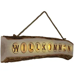 Türschild Willkommen Holz Dekoschild Haustür Schriftzug Willkommensschild zum aufhängen, Pinienholz Jute Aufhängung, LED warmweiß, LxBxH 60x3,6x12 cm