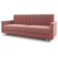 Schlafsofa Sara - Sofa mit Schlaffunktion und Bettkasten, Bettsofa mit Wellenfeder, Schlafcouch mit Holzfüße, Couch vom Hersteller, Couchgarnitur, Velours (Pink (Kronos 29))