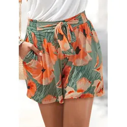 Shorts LASCANA, Damen, Gr. 42, N-Gr, bunt (grün, orange bedruckt), Jersey, Obermaterial: 100% Viskose, bedruckt, modisch, figurumspielend kurz, Hosen Shorts Strandshorts, aus Viskosejersey mit Alloverdruck und Taschen, kurze Hose, sommerlich