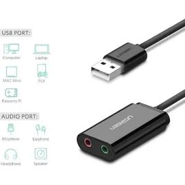 UGREEN USB-Soundkarte extern mit 3,5 mm Klinkenadapter, 15 cm, Schwarz, Modell 30724 - Schwarz
