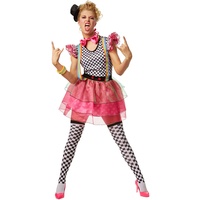 dressforfun Frauenkostüm Neon Clown | Schrill-buntes Einteiler Kleid | inkl. Hütchen mit Haarklammer zum Befestigen, Kniestrümpfe und Fliege (L | no. 301679)