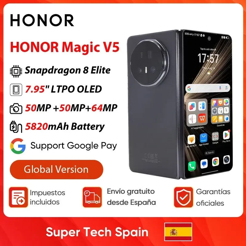 Honor Magic V5 Globale Version Original 5g Smartphone Dual HDR Oled Display Snapdragon 8 Elite 5820 mAh 7,95