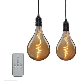 Hellum Batterie-Hängelampe outdoor, 2er Set rauchgraue mit Batterie und Timer aussen A100 + A130, dimmbare Glühbirne und Fernbedienung, tropfenförmig 151459