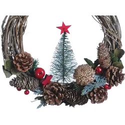 WDMT Rattan-Weihnachtskranz | Ø 30 x 8 cm | Kränze Weihnachtsdekoration | Weihnachtsbaum im Kranz | Rot
