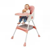 Steeviuzj Baby Hochstuhl bis 80kg, Faltbarer Kinder Essstuhl mit Verstellbares Doppeltablett, Sicherheitsgurt, Hufeisenfüße Rutschfest, Höhenverstellbar Kinderhochstuhl Für 6 Monate bis 6 Jahre (Rosa)