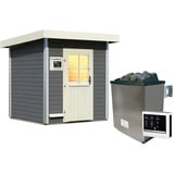 Woodfeeling Karibu Gartensauna Pultdach Saunahaus Torge terragrau-9 kW Ofen inkl. Steuergerät-Klassische Saunatür (Klarglas) inkl. 8-teiligem gratis Zubehörpaket (Gesamtwert 191,92€)