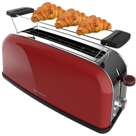Cecotec Vertikaler Toaster 1 Langer Schlitz Toastin' time 850 Red Long, 850 W, 2 Scheiben Brot, 3,8 cm breiter Schlitz, Brötchenaufsatz und Krümelschublade, Edelstahl, Rot