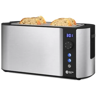 Balter Toaster 4 Scheiben, Langschlitz, Edelstahl, Brötchenaufsatz, LCD Display mit Restzeitanzeige, Auftaufunktion, Brotzentrierung, Krümelschublade, TS-04-LCD, Farbe: Silber