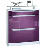 Vladon Schuhschrank Fiesta (Schuhkipper für 16 Paar Schuhe, mit 2 Klappen, Schublade und Glasablage) Weiß matt/Brombeer Hochglanz, Mulden in Weiß Hochglanz (89x104x23 cm) lila