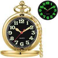 Tiong Silber/Schwarz/Bronze, transparente Abdeckung, Quarz-Taschenuhr, leuchtendes Zifferblatt, Edelstahl, Taschenuhr, Geschenk für Herren, mit Kette, 65 Gold, Klassisch