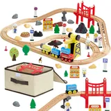 Vevor Holzeisenbahn Set 70-tlg., Eisenbahn-Spielzeug für Kinder ab 3 Jahren, Baustellen-Kran-Zugspielzeug, kompatibel mit gängigen Marken, Weihnachts- & Geburtstagsgeschenk für Kleinkinder