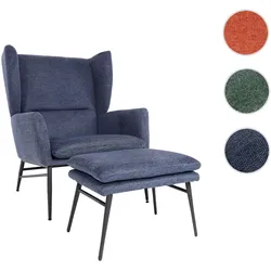 Lounge-Sessel mit Ottomane HWC-L62, Sessel Polstersessel Cocktailsessel Hocker, Stoff/Textil ~ blau