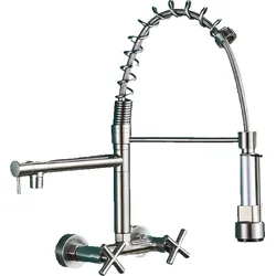 KLARWERK Björn | Gastronomie Wandmontage Armatur Silber gebürstet | Profi Küchenarmatur Edelstahl Zwei Brausen | Doppelspülbecken Wasserhahn Restaurant Wand