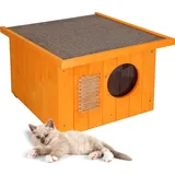 MUNTEL Katzenhaus Outdoor Winterfest, Katzenhaus Isoliert, Clawsable,Holz Outdoor, Katzenhütte 49,5 x 58 x 36 cm (Natur, M)