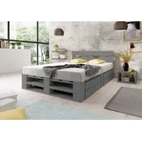 Lermowood Palettenbett M2 140 x 200 cm mit Kopfteil und 2 Bettkästen Grau Holzbett Massivholzbett Bett aus Paletten Seniorenbett Kinderbett Jugend... - Grau